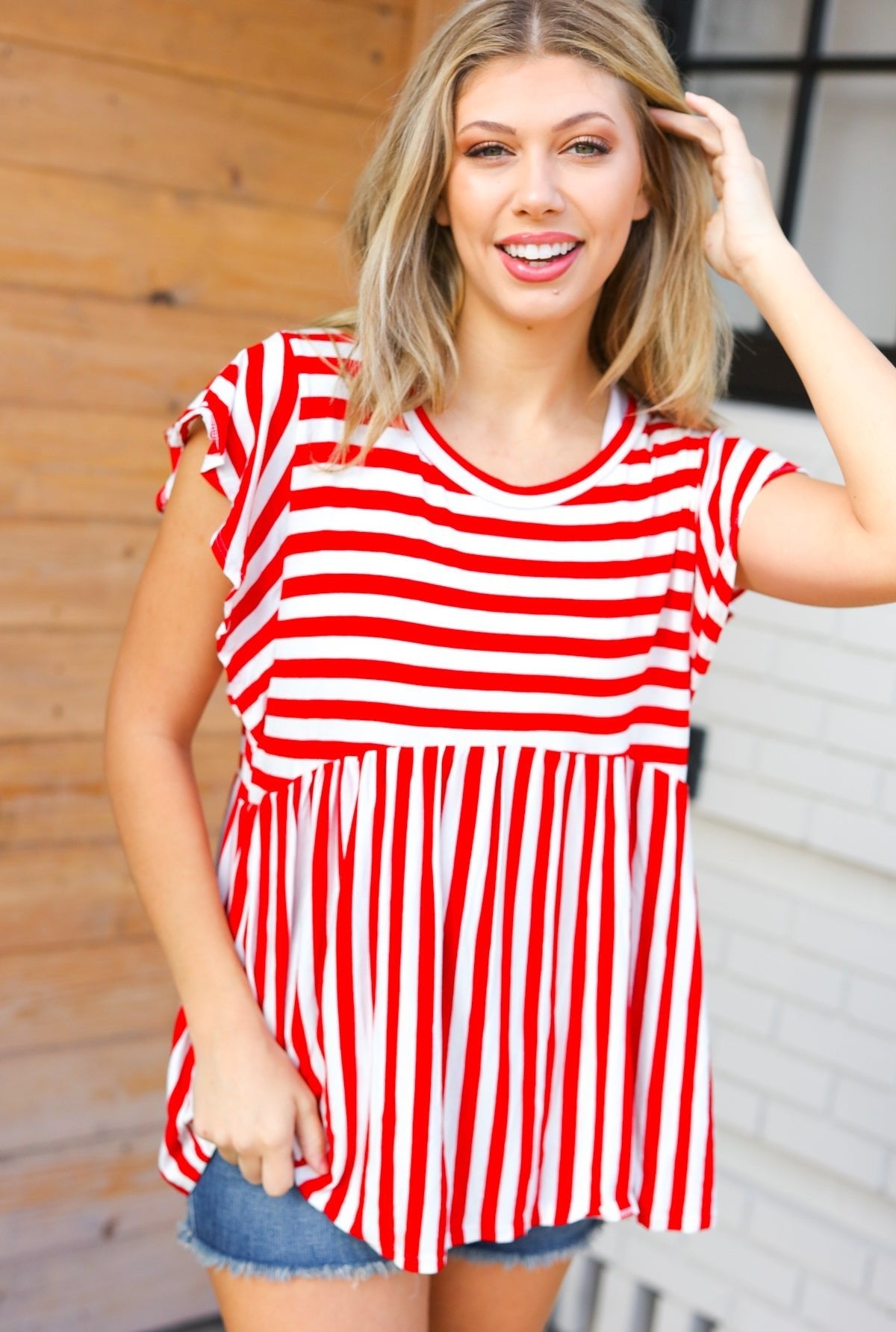 Red Stripe Babydoll Flutter Sleeve Top - Bitsy Gypsy Boutique