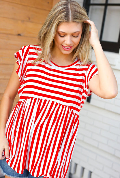 Red Stripe Babydoll Flutter Sleeve Top - Bitsy Gypsy Boutique