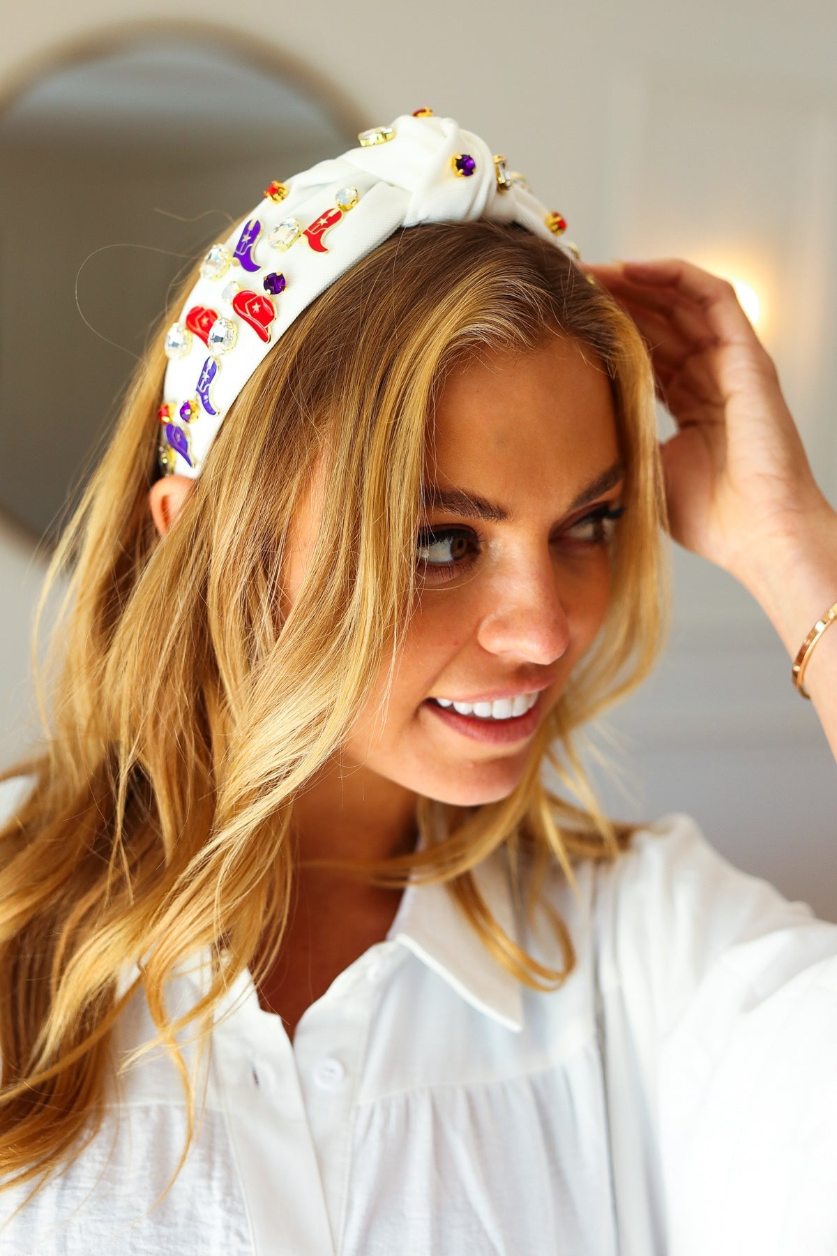 Red White & Blue Gem Cowboy Embellished Top Knot Headband - Bitsy Gypsy Boutique