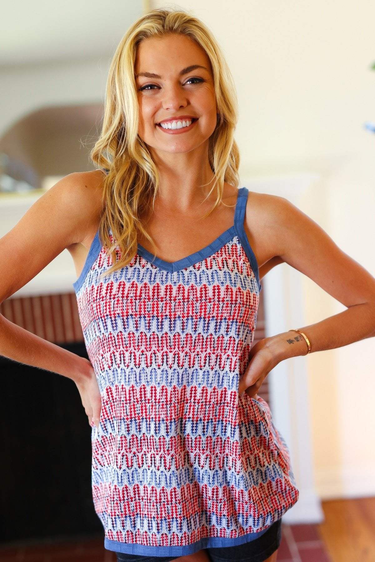 Red White & Blue Squiggly Striped Sleeveless Top - Bitsy Gypsy Boutique