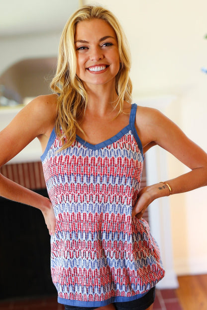 Red White & Blue Squiggly Striped Sleeveless Top - Bitsy Gypsy Boutique