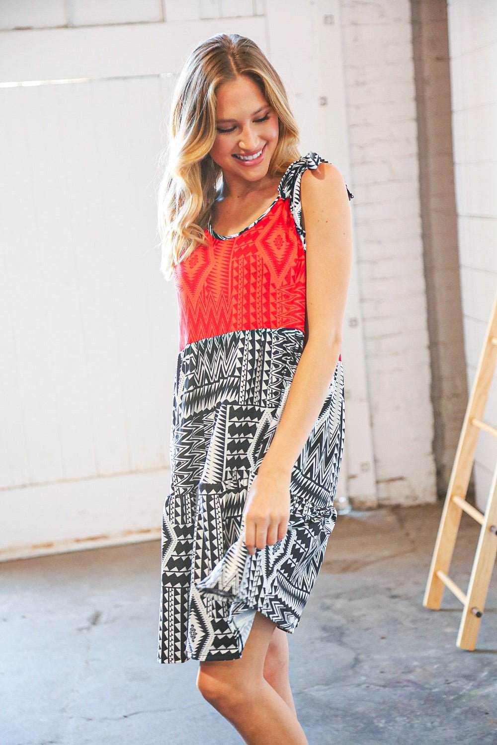 Red/Black Shoulder Tie Knot Tiered Dress - Bitsy Gypsy Boutique