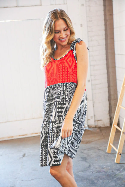 Red/Black Shoulder Tie Knot Tiered Dress - Bitsy Gypsy Boutique
