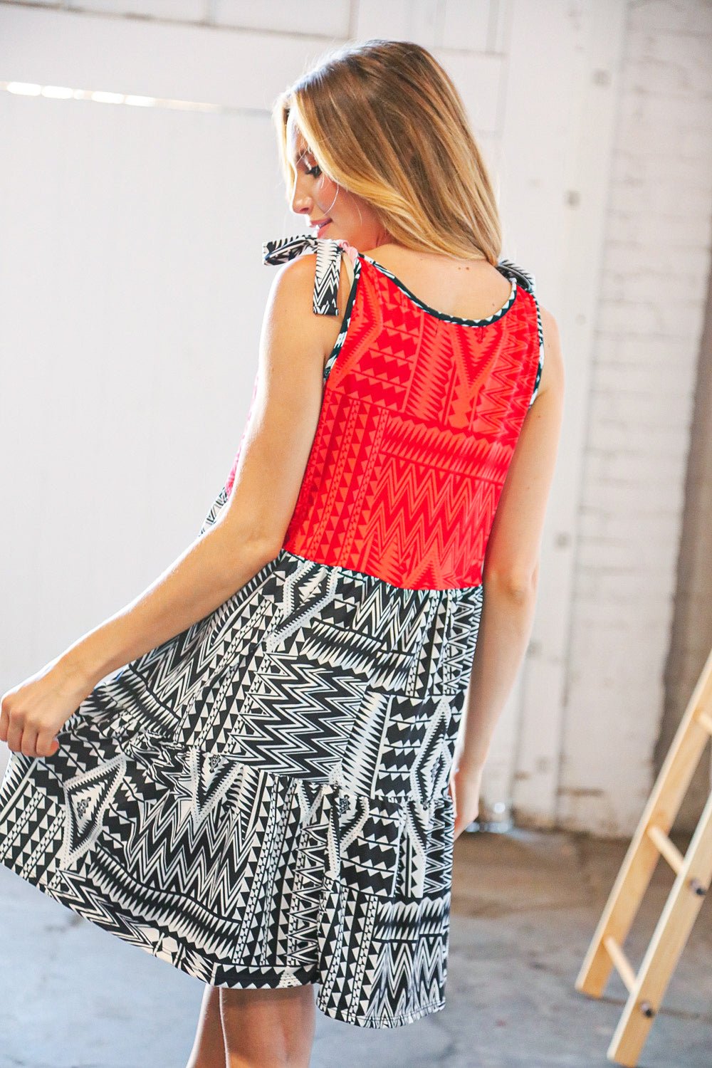 Red/Black Shoulder Tie Knot Tiered Dress - Bitsy Gypsy Boutique