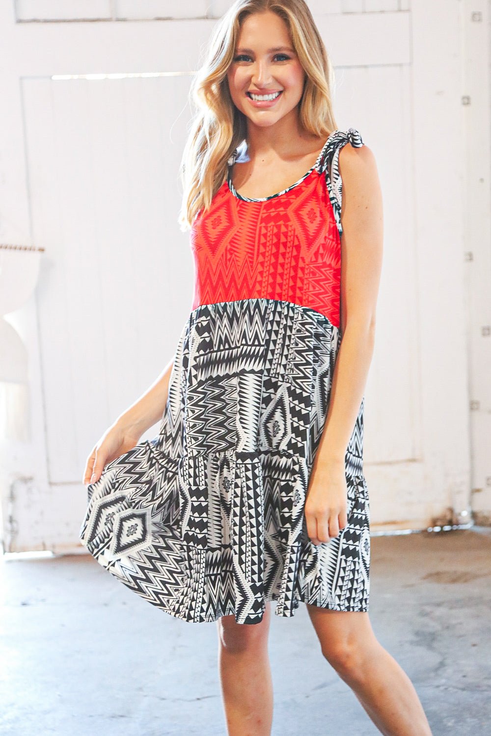Red/Black Shoulder Tie Knot Tiered Dress - Bitsy Gypsy Boutique