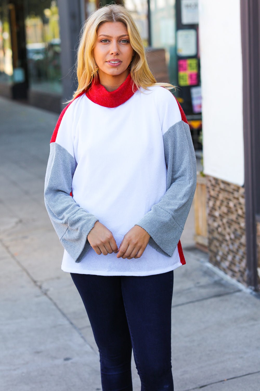 Red/White Hacci Color Block Jacquard Knit Turtleneck - Bitsy Gypsy Boutique