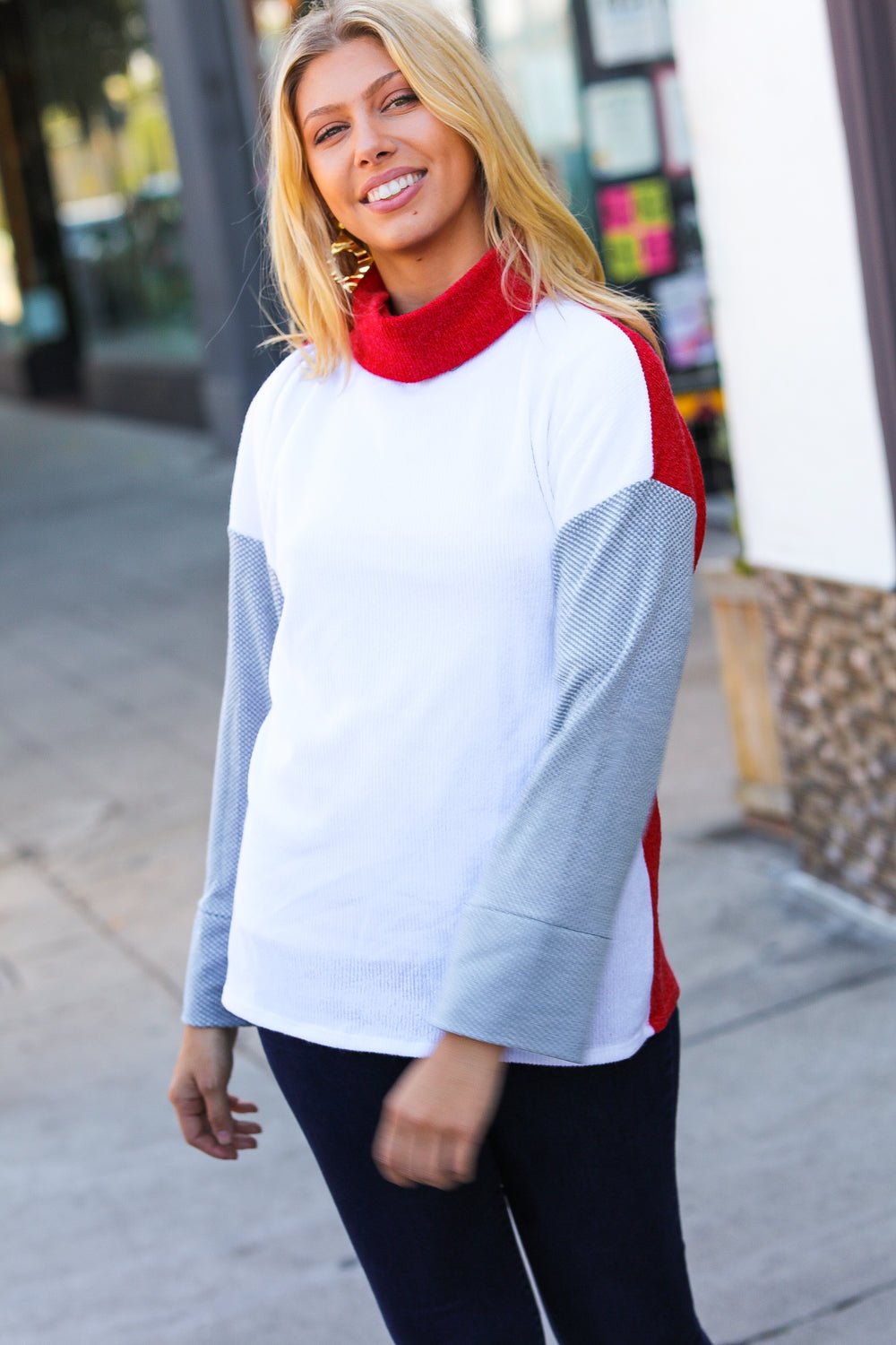 Red/White Hacci Color Block Jacquard Knit Turtleneck - Bitsy Gypsy Boutique