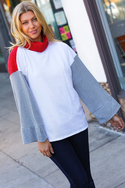 Red/White Hacci Color Block Jacquard Knit Turtleneck - Bitsy Gypsy Boutique