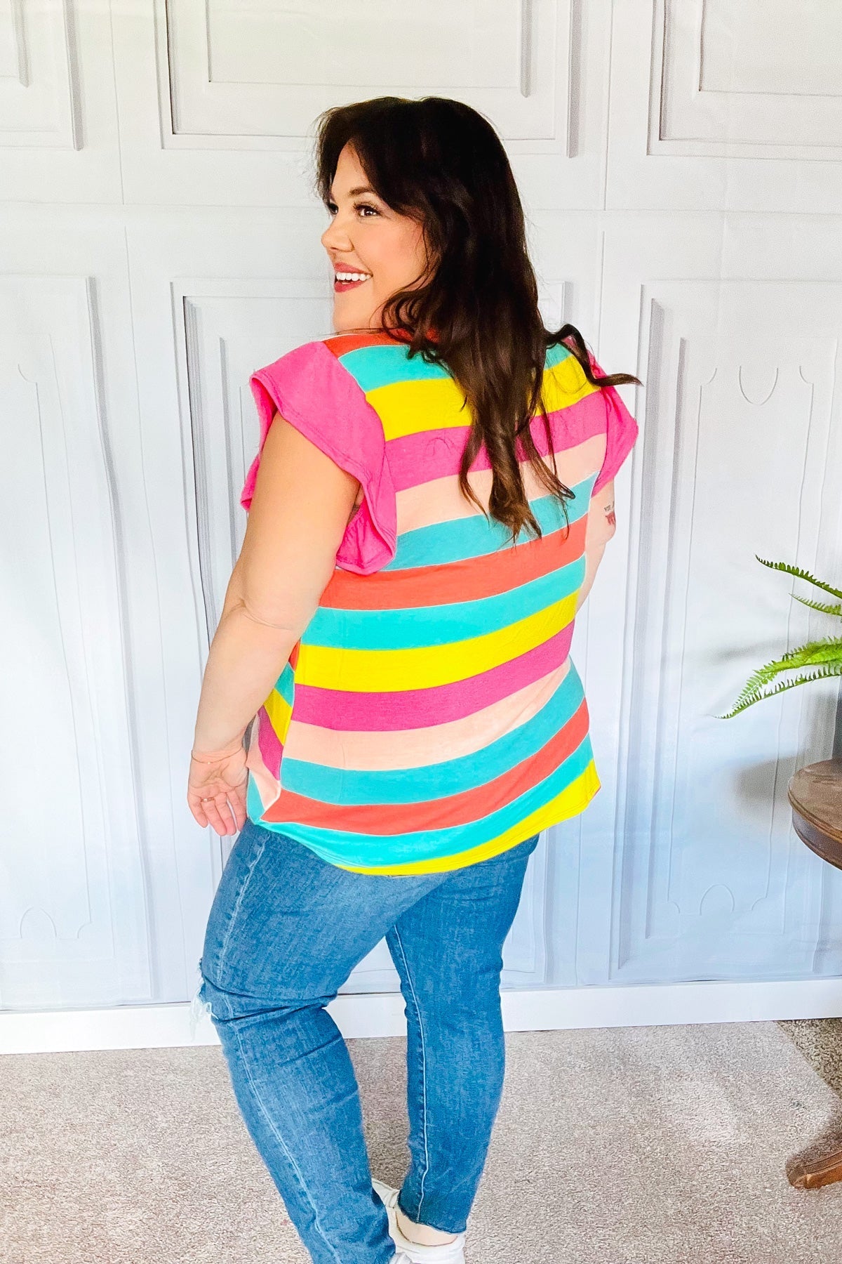 Relaxed Fun Mint & Fuchsia Stripe Flutter Sleeve Terry Knit Top - Bitsy Gypsy Boutique