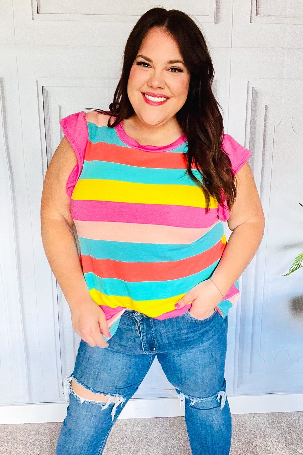 Relaxed Fun Mint & Fuchsia Stripe Flutter Sleeve Terry Knit Top - Bitsy Gypsy Boutique