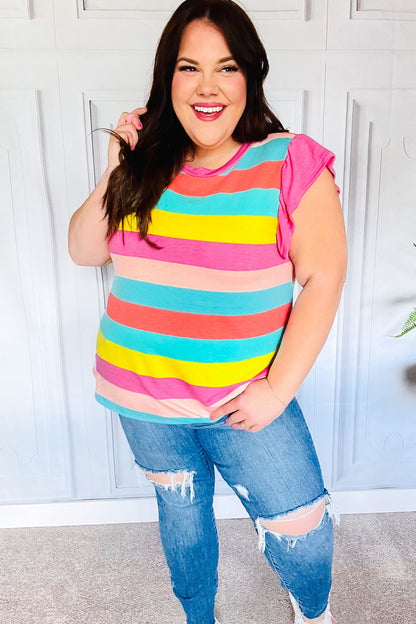 Relaxed Fun Mint & Fuchsia Stripe Flutter Sleeve Terry Knit Top - Bitsy Gypsy Boutique