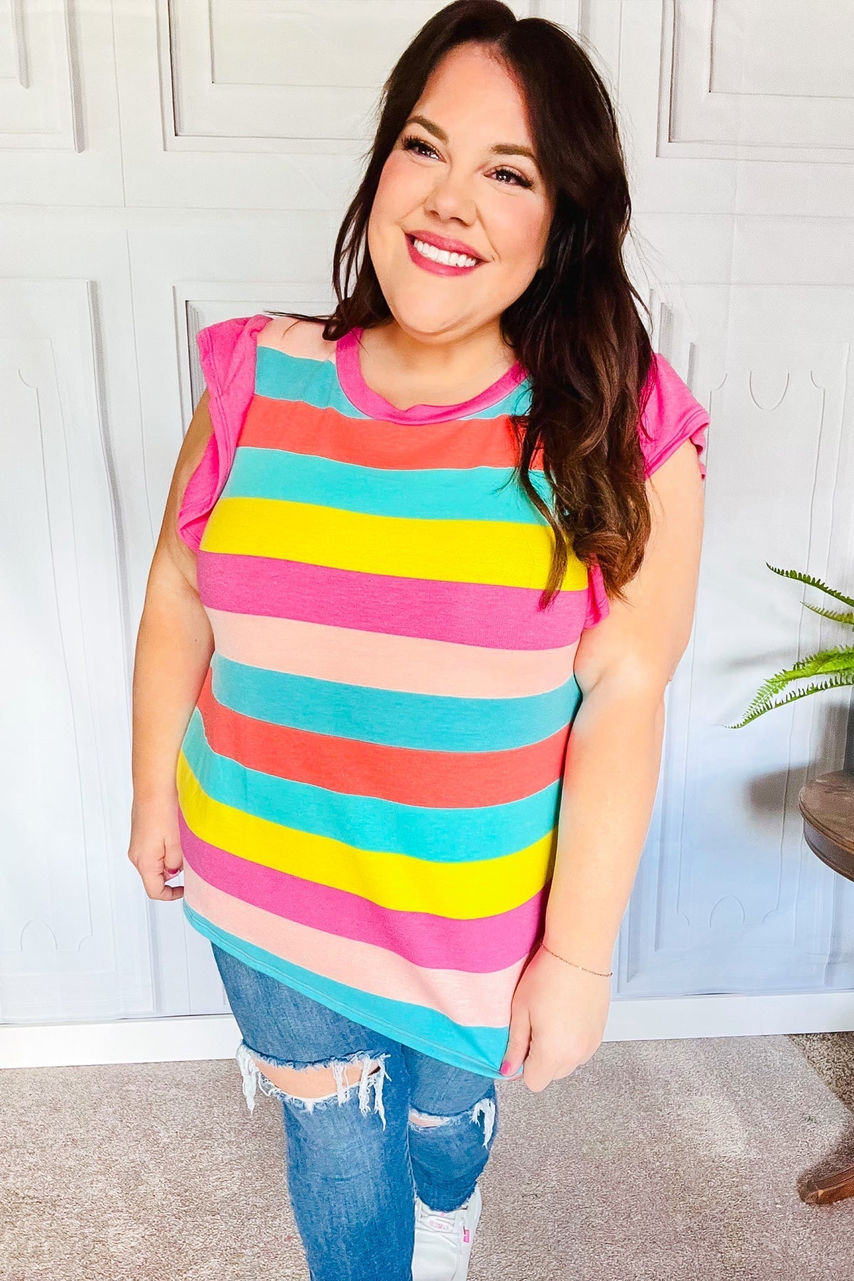 Relaxed Fun Mint & Fuchsia Stripe Flutter Sleeve Terry Knit Top - Bitsy Gypsy Boutique