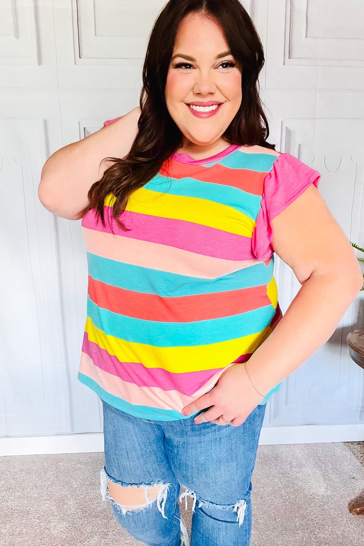 Relaxed Fun Mint & Fuchsia Stripe Flutter Sleeve Terry Knit Top - Bitsy Gypsy Boutique