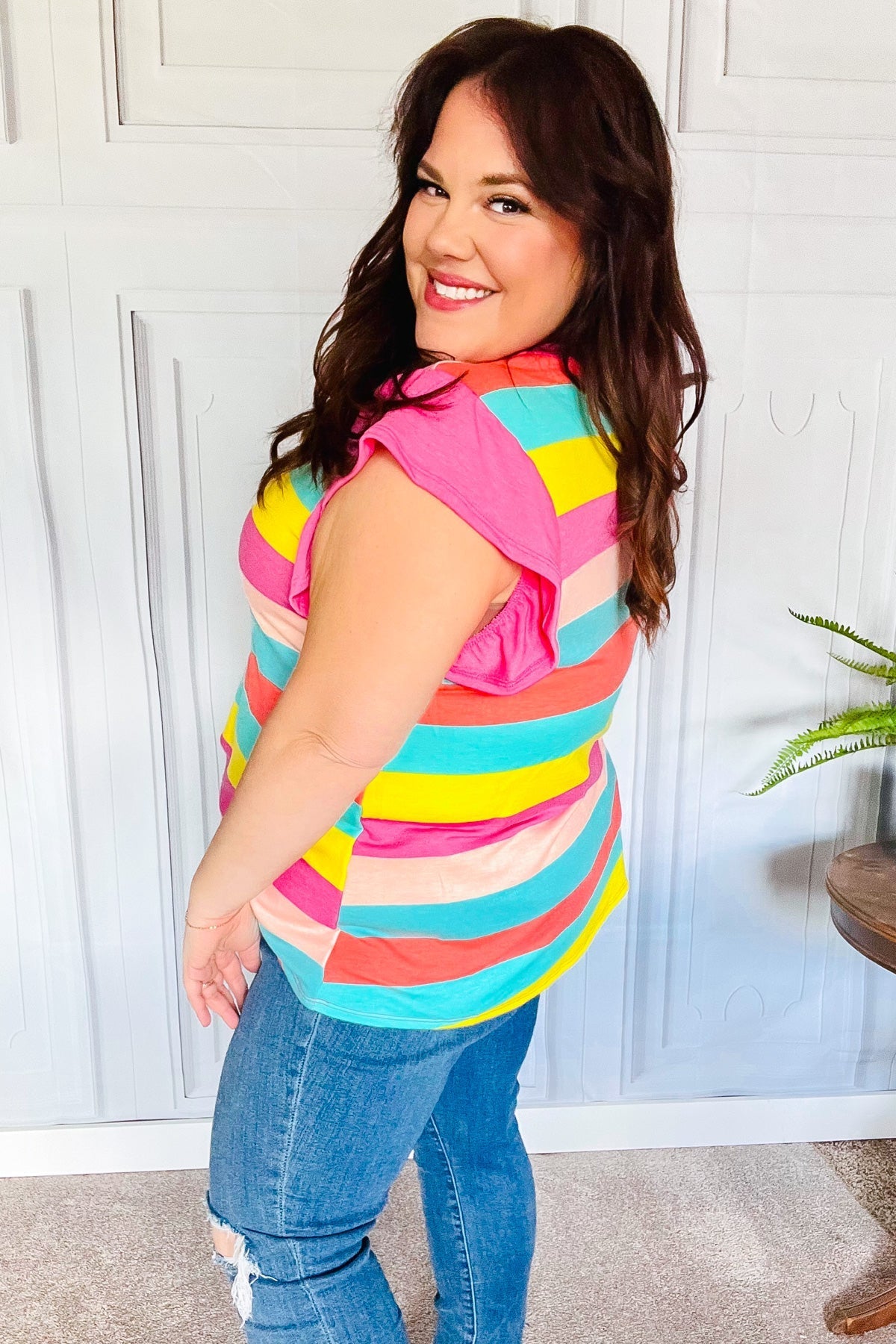 Relaxed Fun Mint & Fuchsia Stripe Flutter Sleeve Terry Knit Top - Bitsy Gypsy Boutique