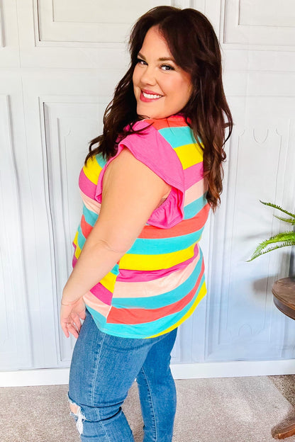 Relaxed Fun Mint & Fuchsia Stripe Flutter Sleeve Terry Knit Top - Bitsy Gypsy Boutique