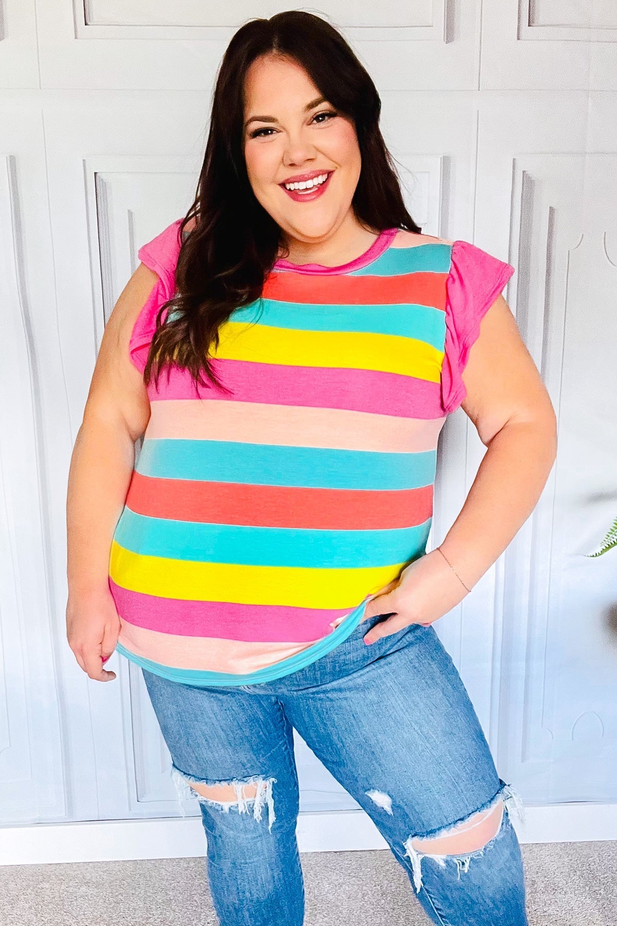 Relaxed Fun Mint & Fuchsia Stripe Flutter Sleeve Terry Knit Top - Bitsy Gypsy Boutique