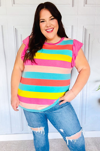 Relaxed Fun Mint & Fuchsia Stripe Flutter Sleeve Terry Knit Top - Bitsy Gypsy Boutique
