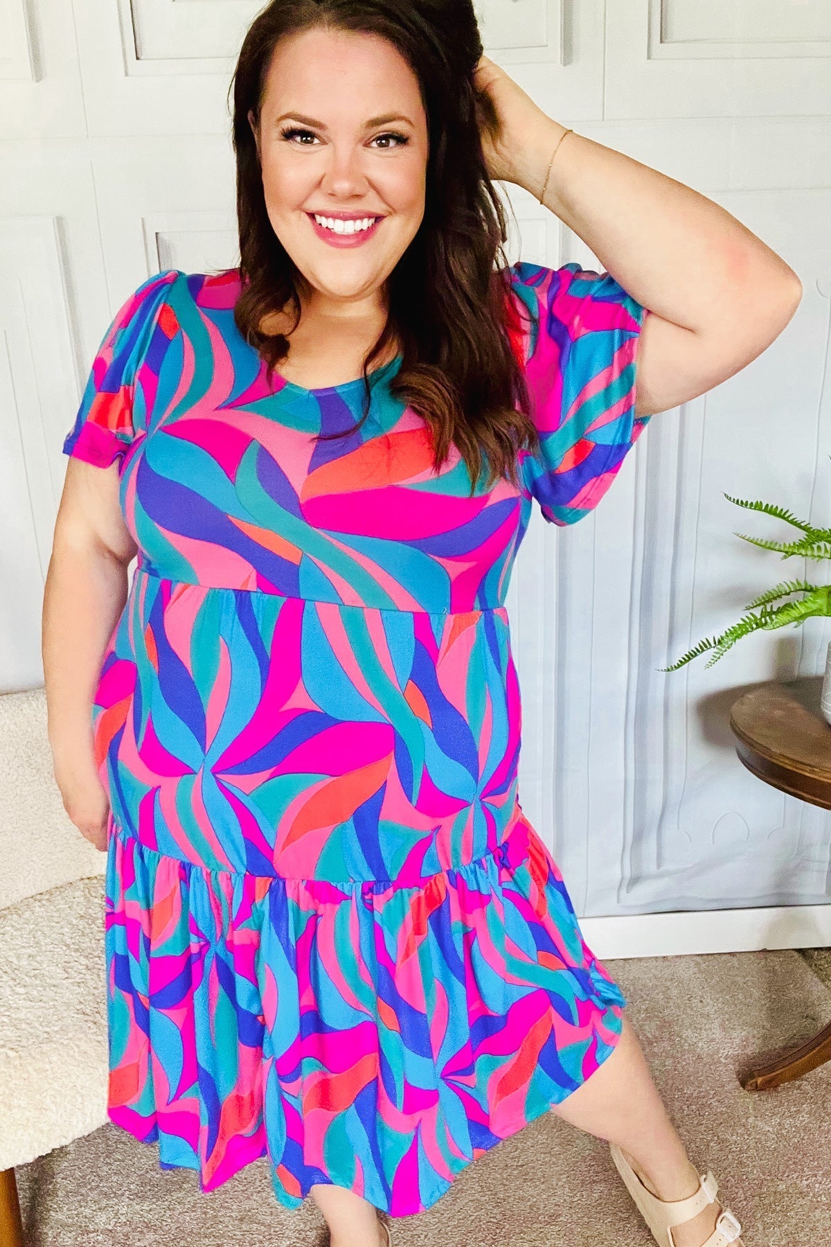 Remember Me Blue & Fuchsia Geo Print V Neck Dress - Bitsy Gypsy Boutique