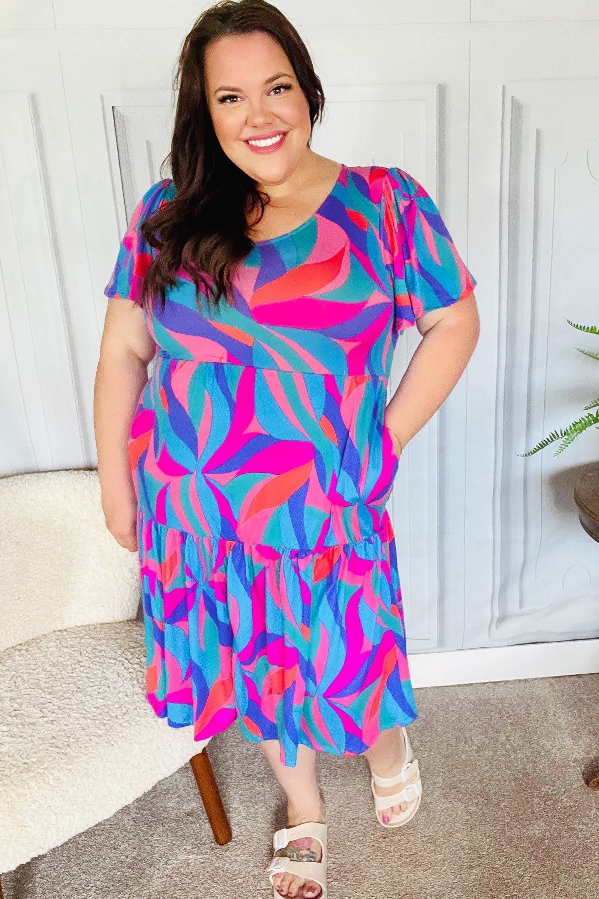 Remember Me Blue & Fuchsia Geo Print V Neck Dress - Bitsy Gypsy Boutique