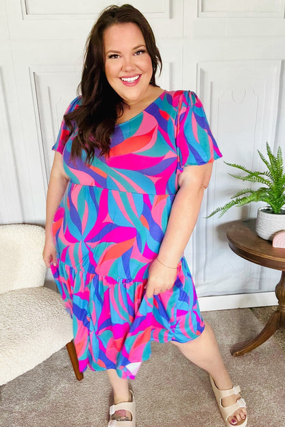 Remember Me Blue & Fuchsia Geo Print V Neck Dress - Bitsy Gypsy Boutique
