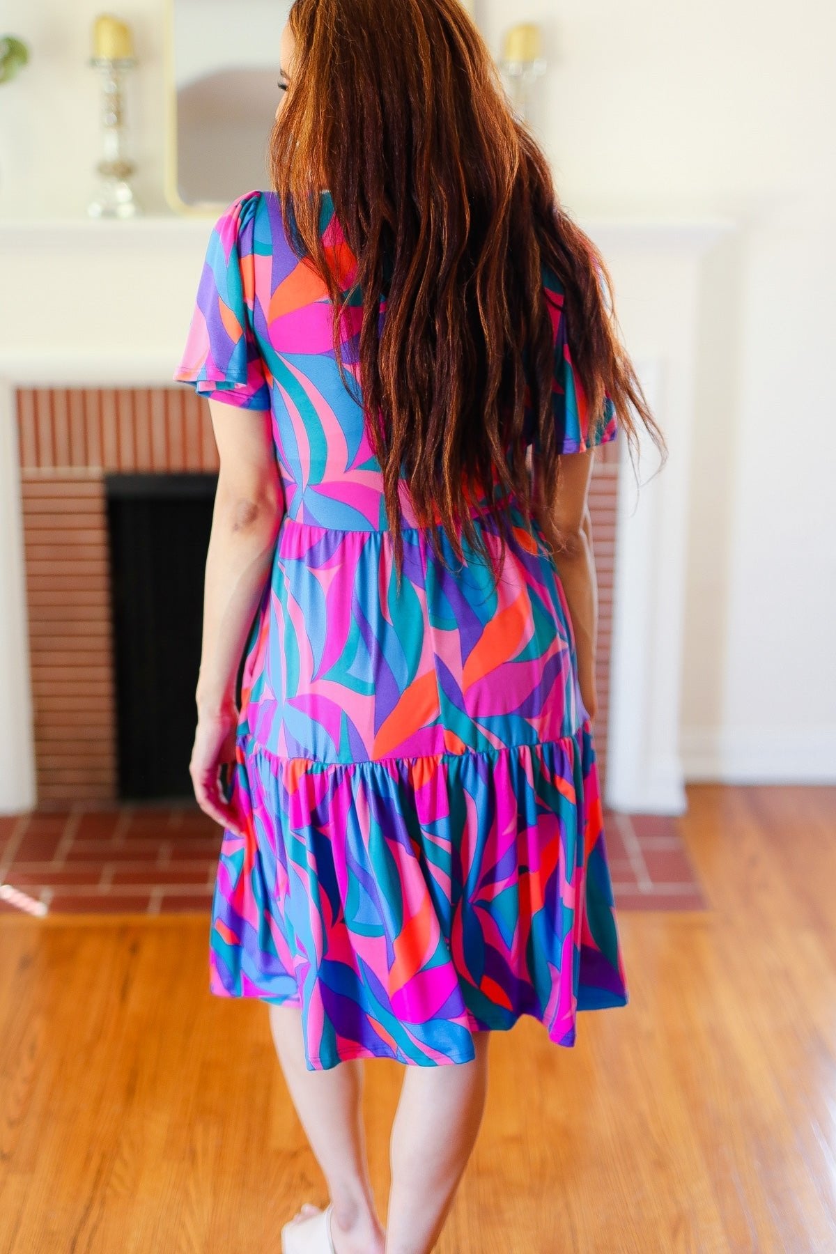 Remember Me Blue & Fuchsia Geo Print V Neck Dress - Bitsy Gypsy Boutique