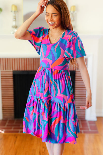 Remember Me Blue & Fuchsia Geo Print V Neck Dress - Bitsy Gypsy Boutique