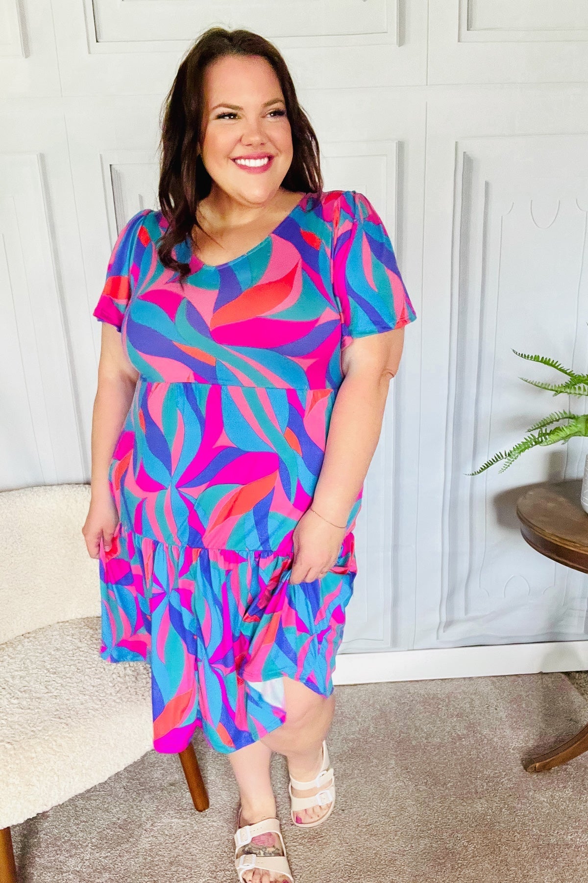 Remember Me Blue & Fuchsia Geo Print V Neck Dress - Bitsy Gypsy Boutique