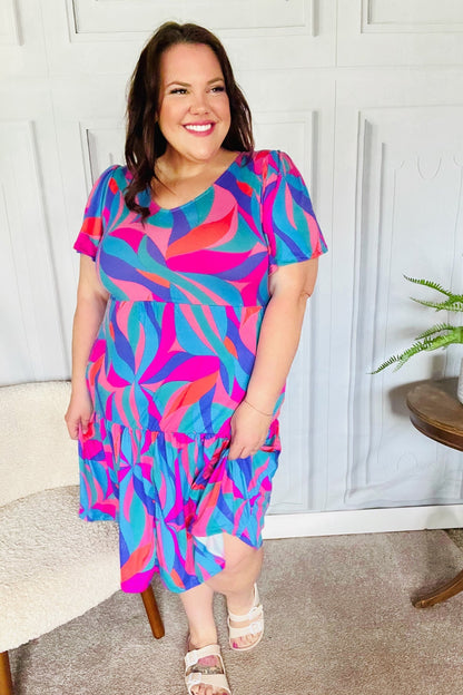 Remember Me Blue & Fuchsia Geo Print V Neck Dress - Bitsy Gypsy Boutique