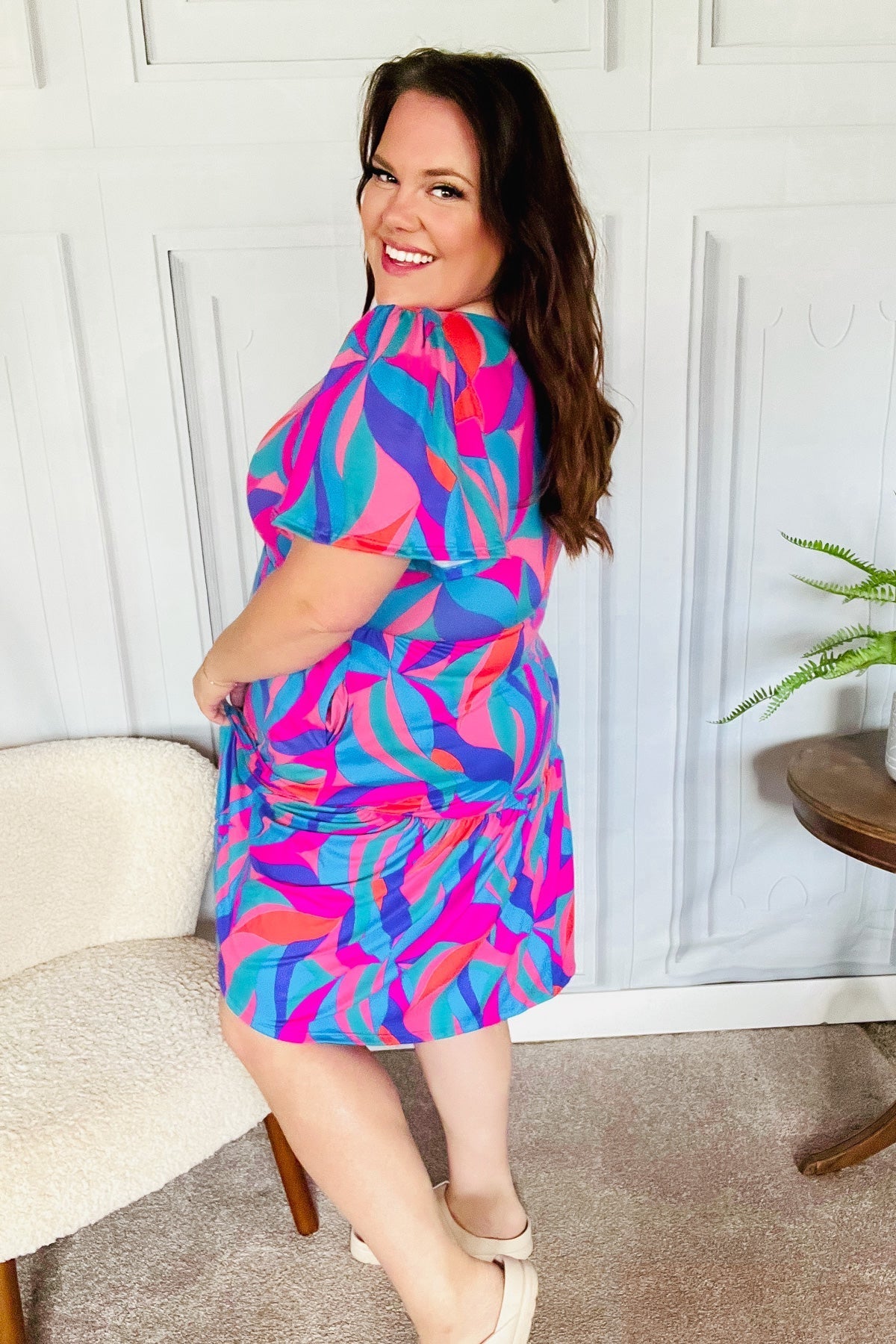 Remember Me Blue & Fuchsia Geo Print V Neck Dress - Bitsy Gypsy Boutique