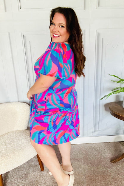 Remember Me Blue & Fuchsia Geo Print V Neck Dress - Bitsy Gypsy Boutique