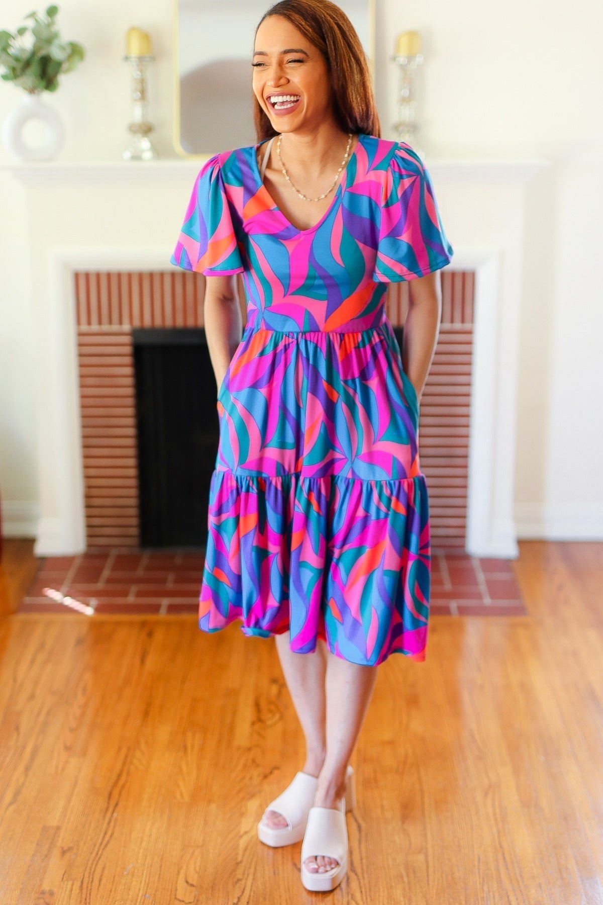 Remember Me Blue & Fuchsia Geo Print V Neck Dress - Bitsy Gypsy Boutique