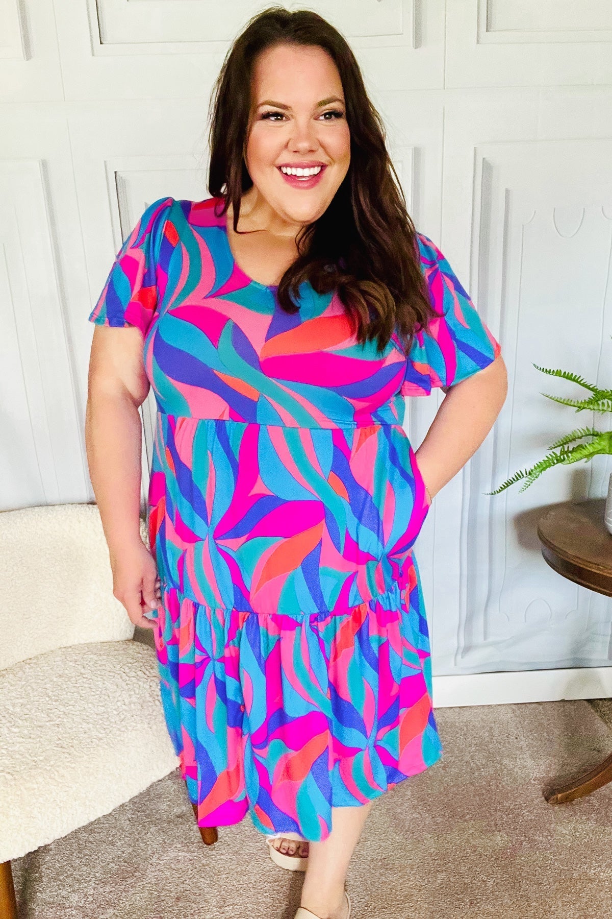 Remember Me Blue & Fuchsia Geo Print V Neck Dress - Bitsy Gypsy Boutique
