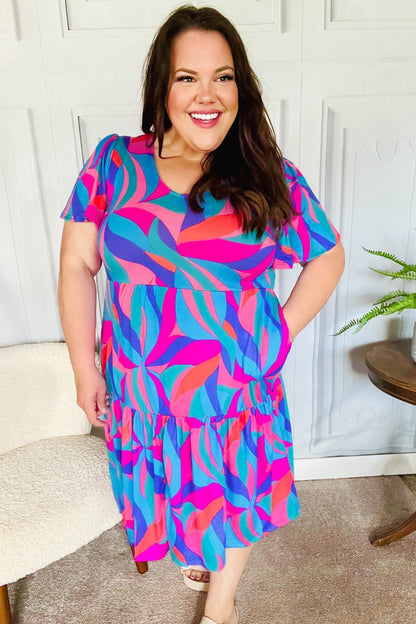 Remember Me Blue & Fuchsia Geo Print V Neck Dress - Bitsy Gypsy Boutique