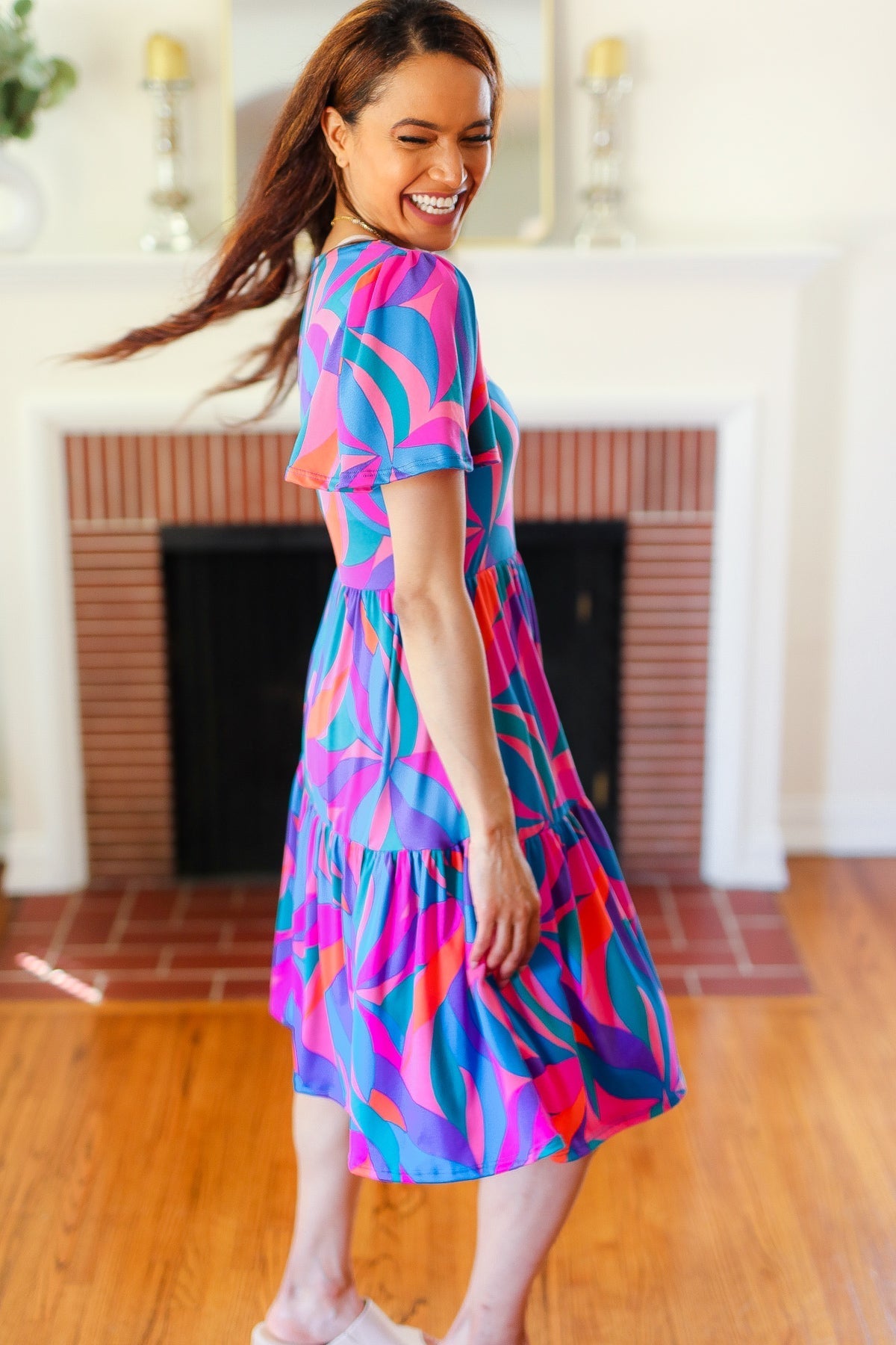 Remember Me Blue & Fuchsia Geo Print V Neck Dress - Bitsy Gypsy Boutique