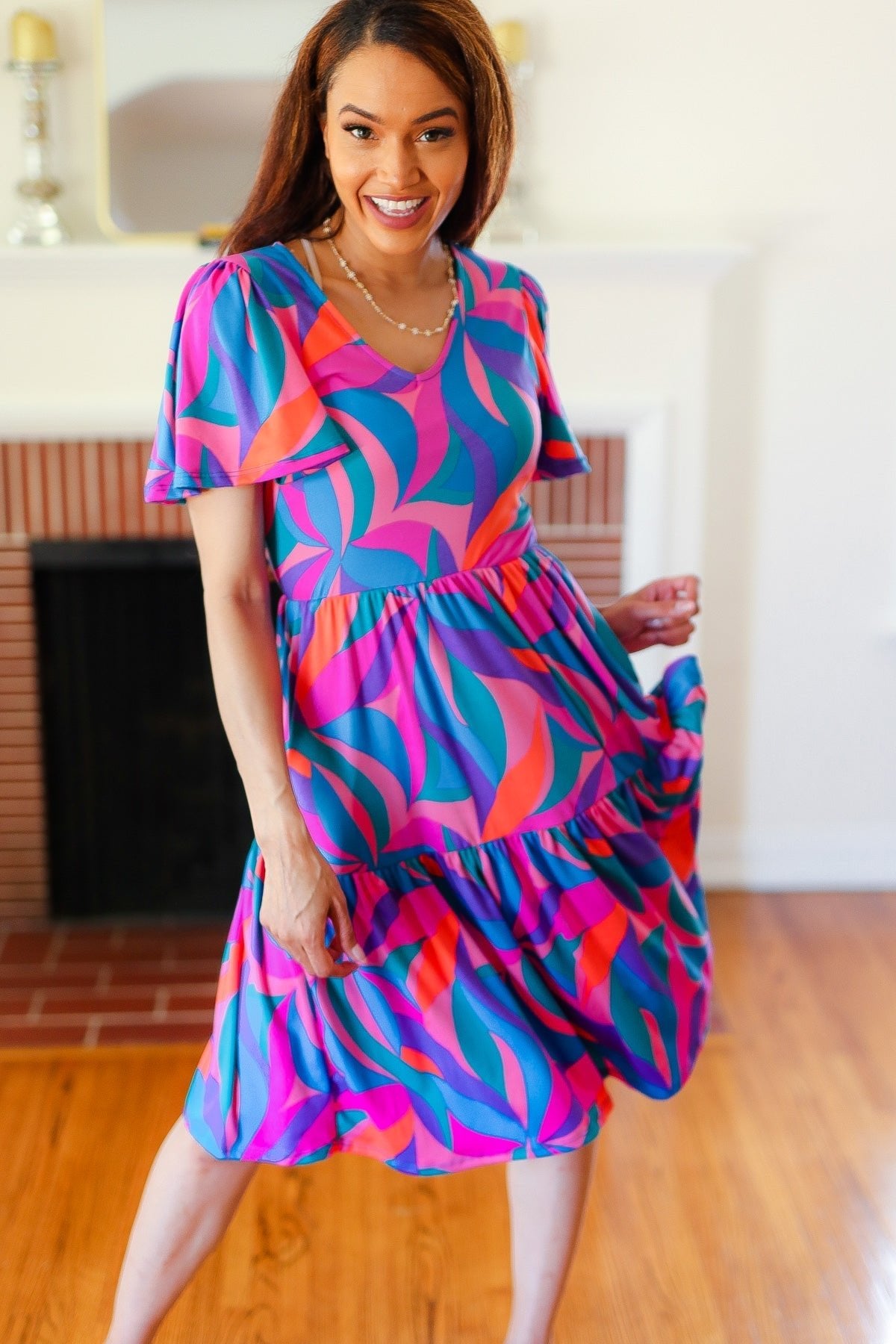 Remember Me Blue & Fuchsia Geo Print V Neck Dress - Bitsy Gypsy Boutique
