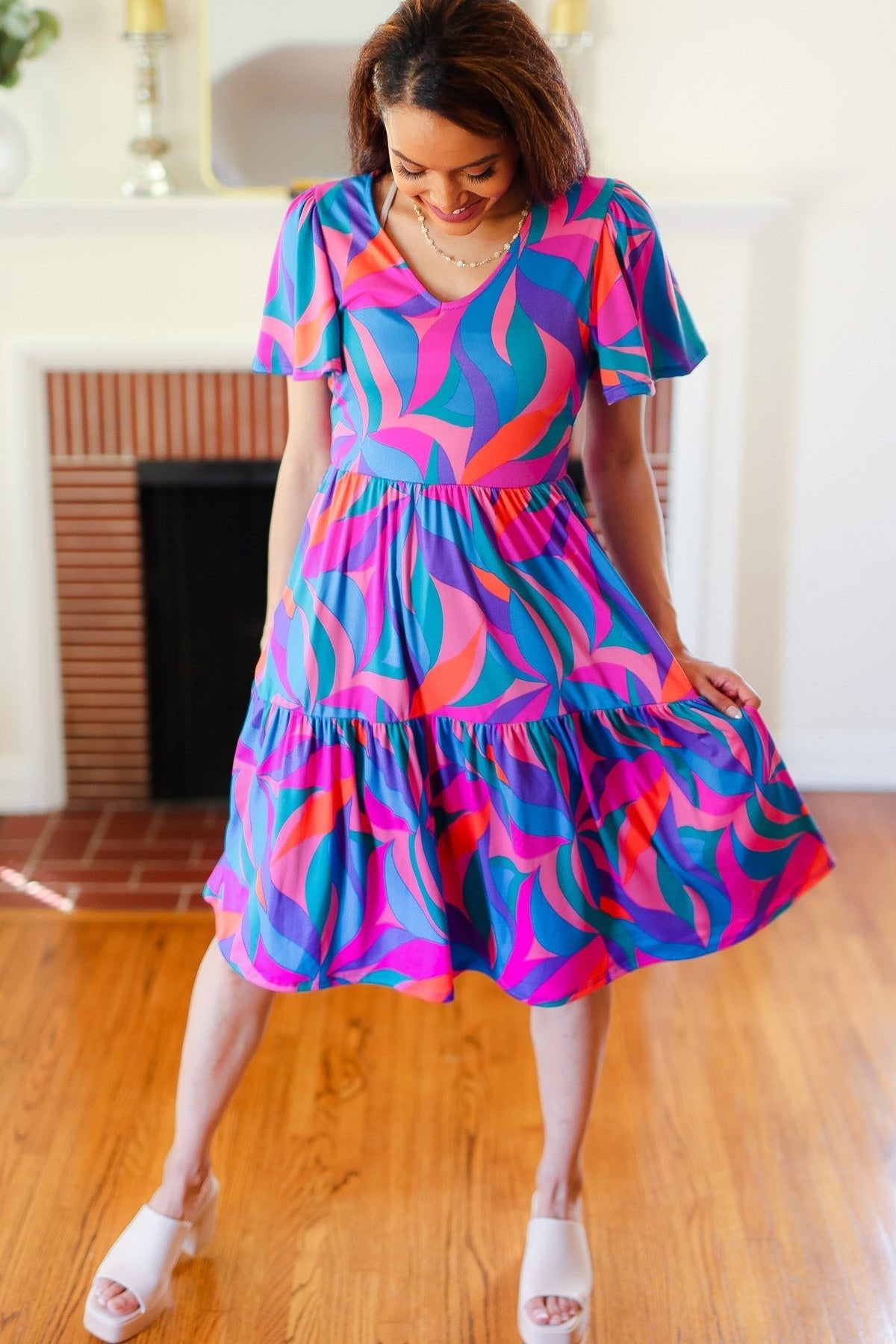 Remember Me Blue & Fuchsia Geo Print V Neck Dress - Bitsy Gypsy Boutique