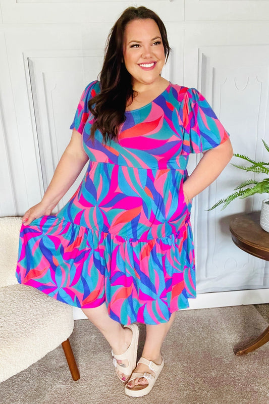 Remember Me Blue & Fuchsia Geo Print V Neck Dress - Bitsy Gypsy Boutique