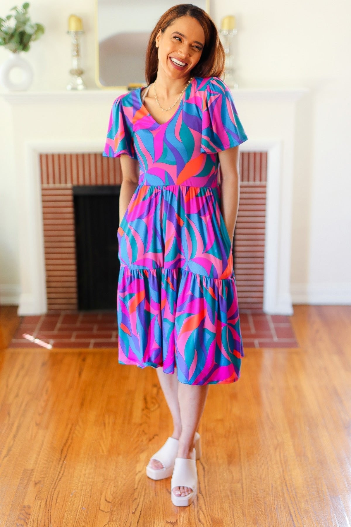 Remember Me Blue & Fuchsia Geo Print V Neck Dress - Bitsy Gypsy Boutique