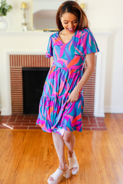 Remember Me Blue & Fuchsia Geo Print V Neck Dress - Bitsy Gypsy Boutique