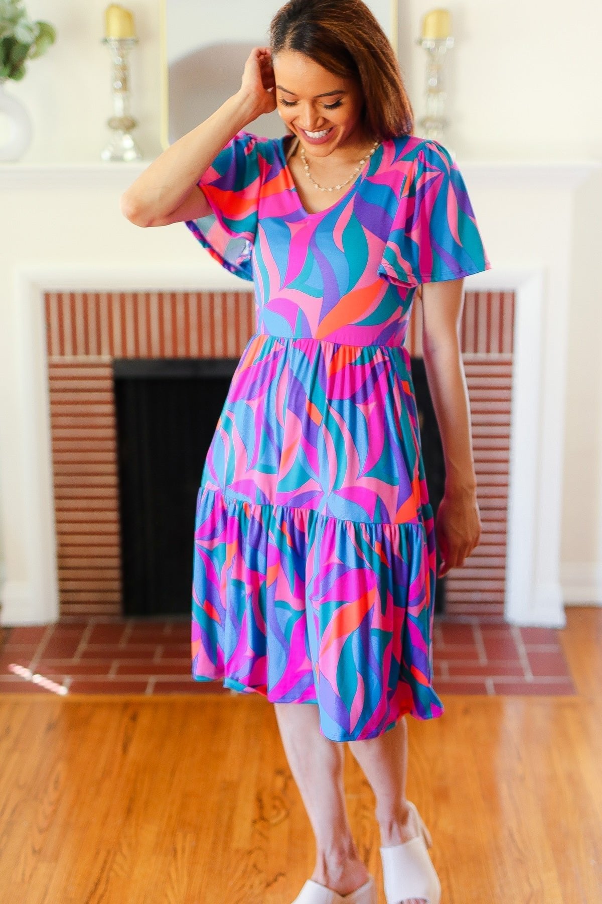 Remember Me Blue & Fuchsia Geo Print V Neck Dress - Bitsy Gypsy Boutique