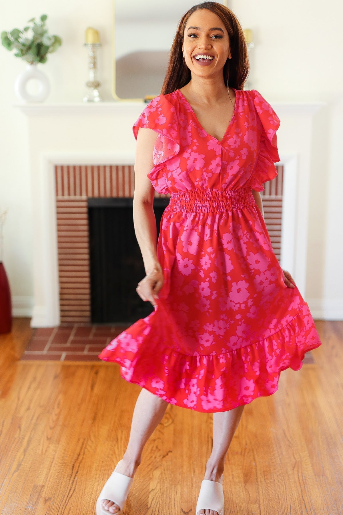 Remember Me Red & Pink Floral Print Smocked Waist Midi Dress - Bitsy Gypsy Boutique