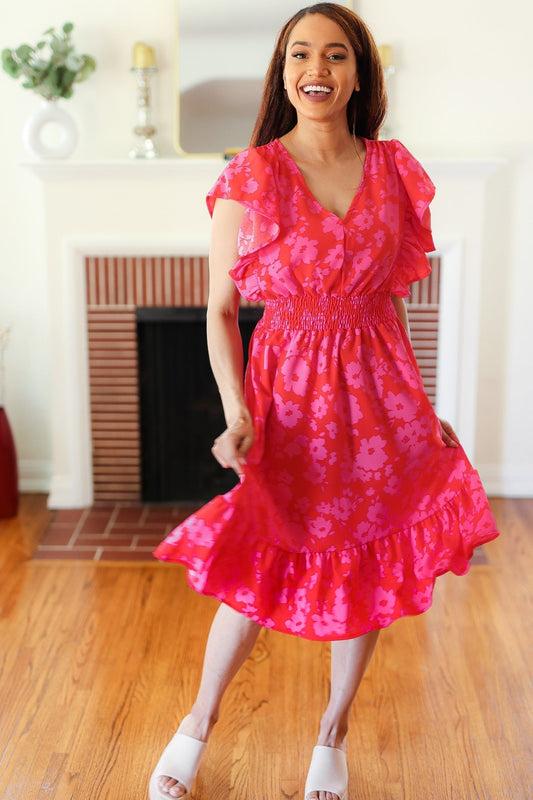 Remember Me Red & Pink Floral Print Smocked Waist Midi Dress - Bitsy Gypsy Boutique