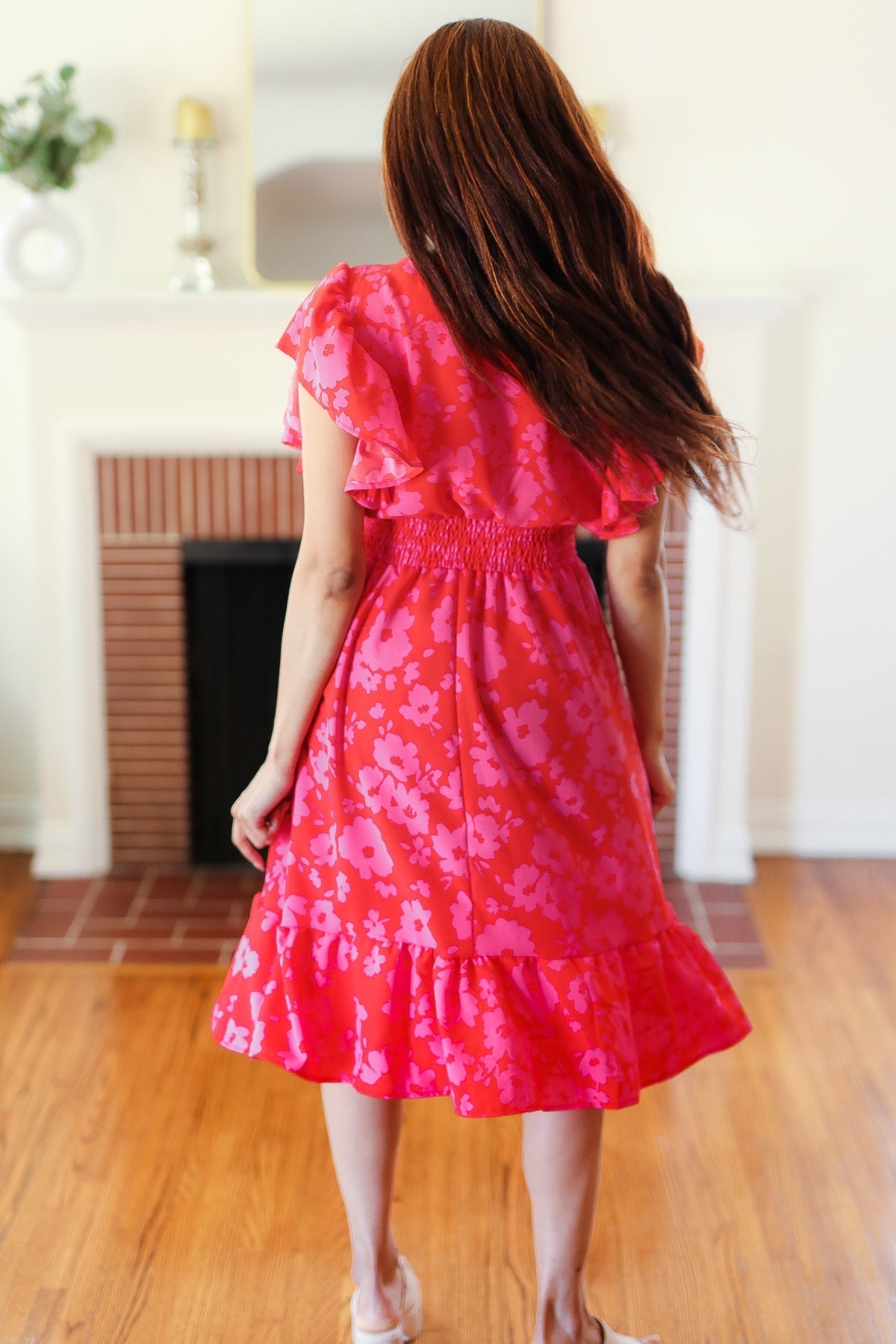 Remember Me Red & Pink Floral Print Smocked Waist Midi Dress - Bitsy Gypsy Boutique