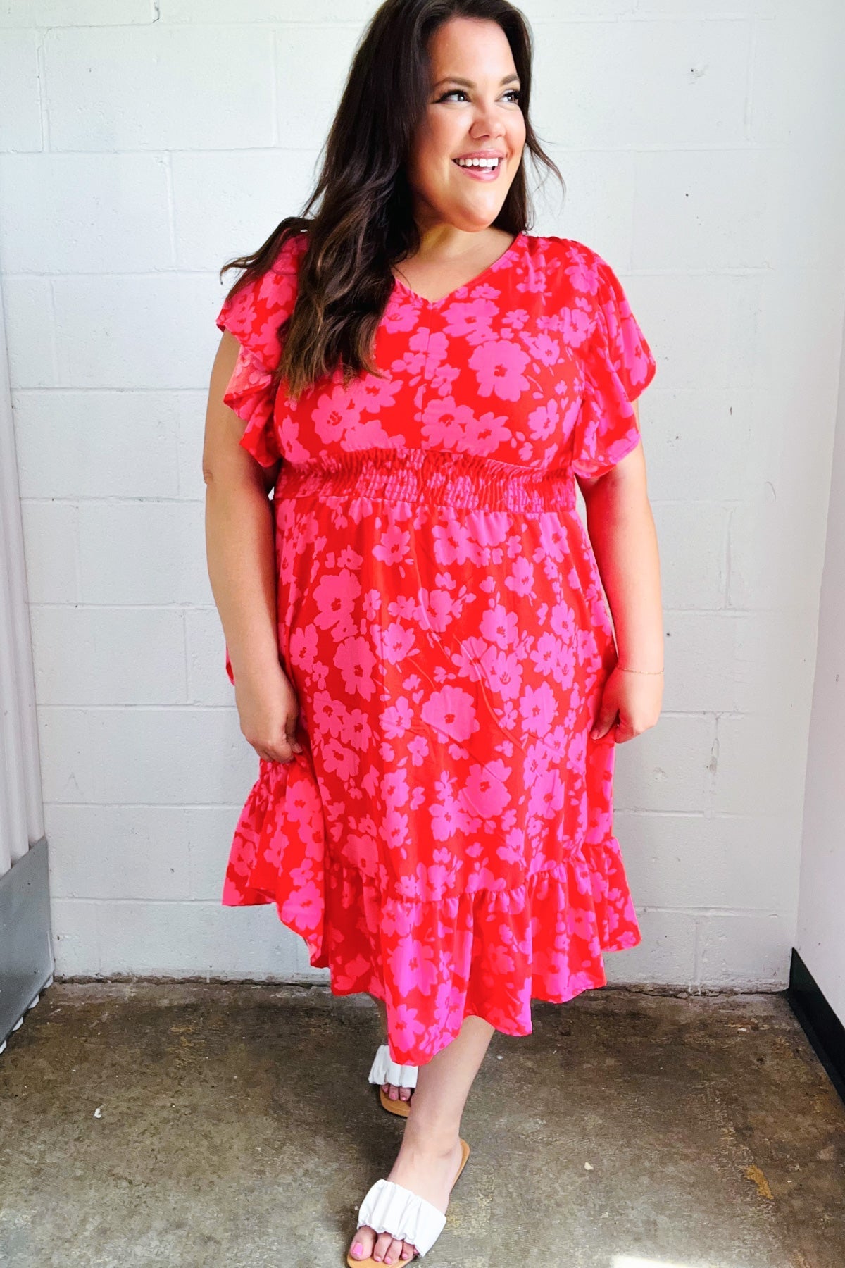 Remember Me Red & Pink Floral Print Smocked Waist Midi Dress - Bitsy Gypsy Boutique
