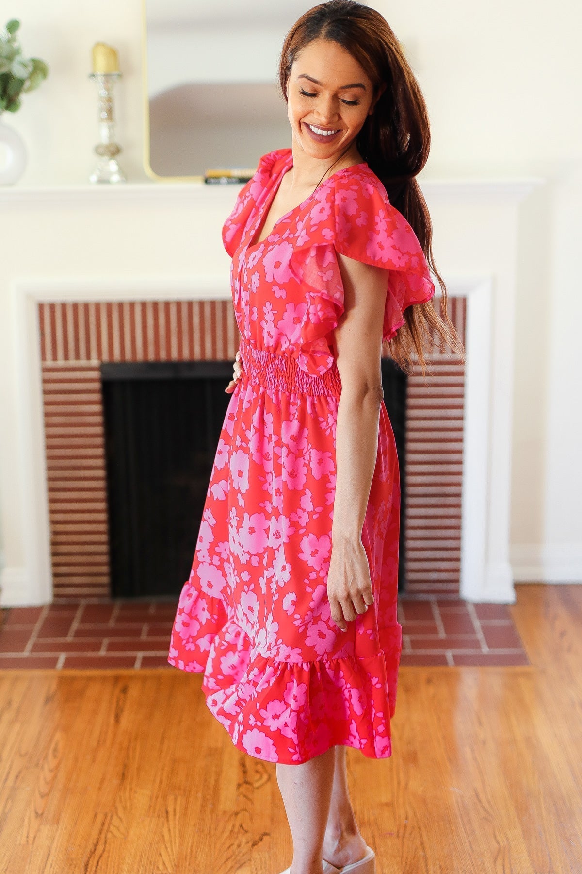 Remember Me Red & Pink Floral Print Smocked Waist Midi Dress - Bitsy Gypsy Boutique