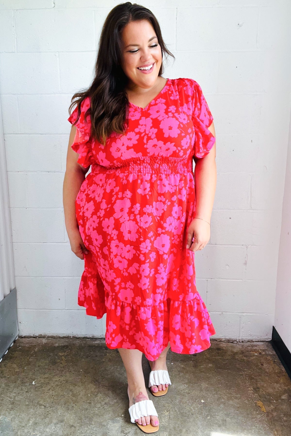 Remember Me Red & Pink Floral Print Smocked Waist Midi Dress - Bitsy Gypsy Boutique