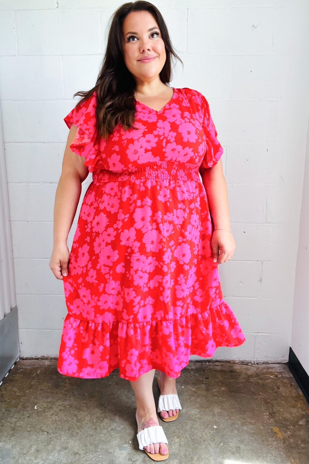 Remember Me Red & Pink Floral Print Smocked Waist Midi Dress - Bitsy Gypsy Boutique