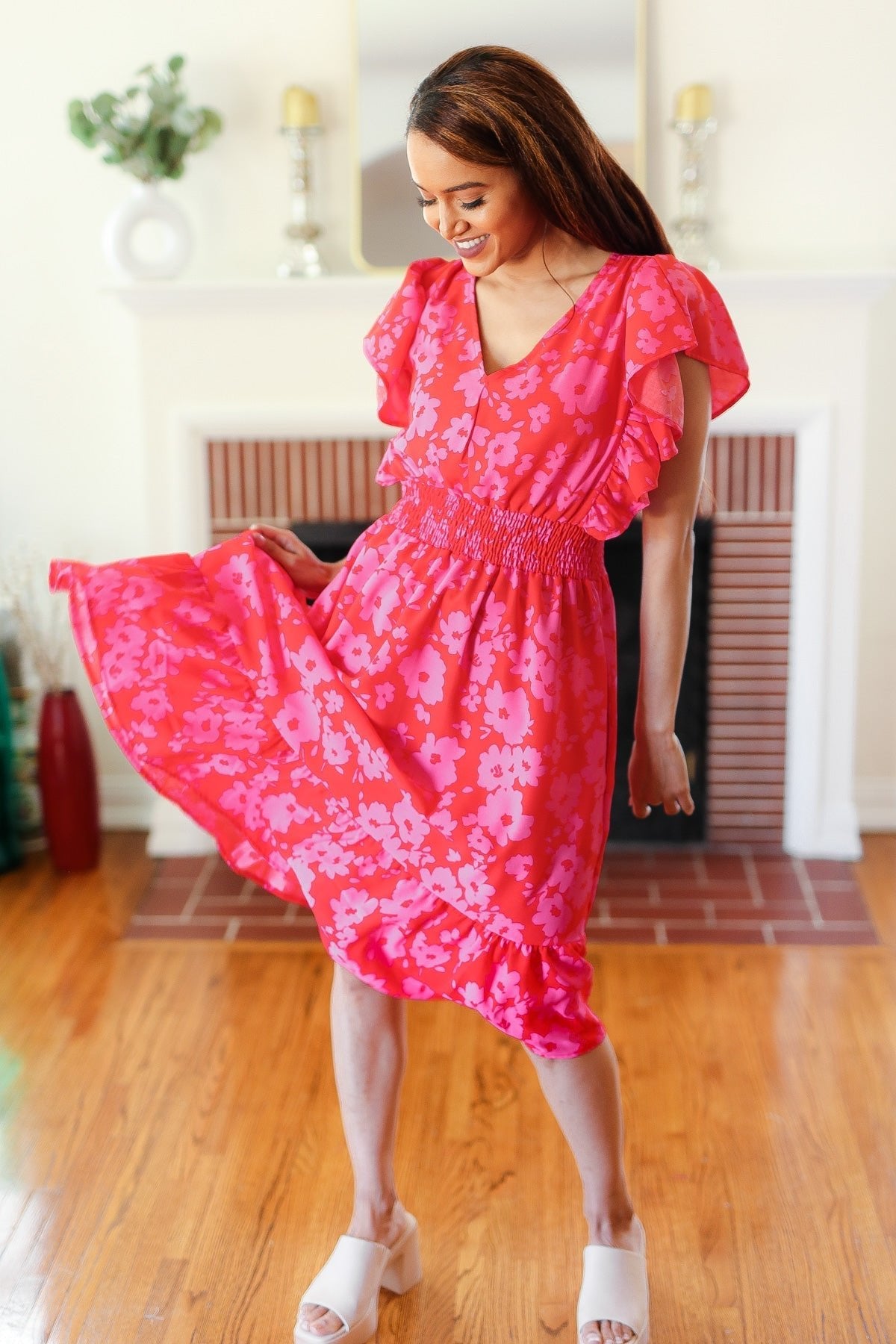 Remember Me Red & Pink Floral Print Smocked Waist Midi Dress - Bitsy Gypsy Boutique