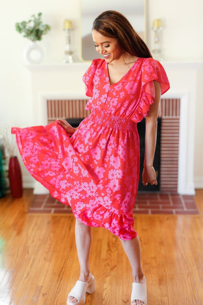 Remember Me Red & Pink Floral Print Smocked Waist Midi Dress - Bitsy Gypsy Boutique