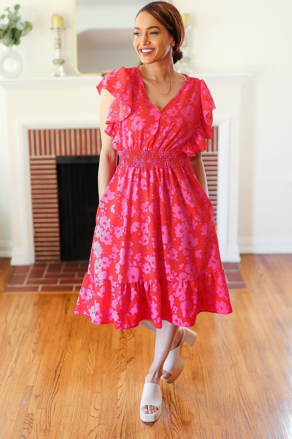 Remember Me Red & Pink Floral Print Smocked Waist Midi Dress - Bitsy Gypsy Boutique